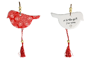 2X CERAMIC HANGING 12CM BIRD INDIGENOUS W/ TASSEL/HANGER ORNAMENT HOME DECOR RED