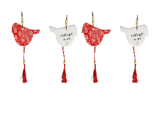 2X CERAMIC HANGING 12CM BIRD INDIGENOUS W/ TASSEL/HANGER ORNAMENT HOME DECOR RED