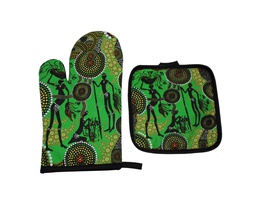 [CH_0175] OVEN MITT AND POT HOLDER SET ABORIGINAL DESIGN - HUNTER &amp; GATHER RAIN FOREST - COLIN JONES